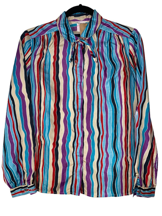 1970s Rainbow Stripe Pussybow Button Up by Mr Andor of California