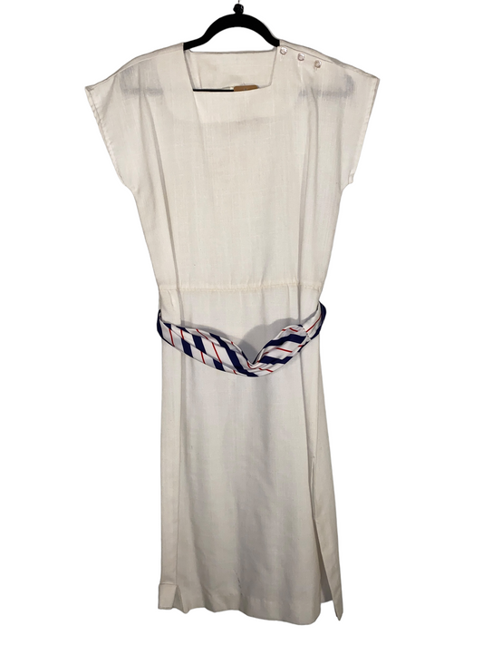 1970s Square Neck Linen Dress w Red White and Blue Sash Belt (XL)