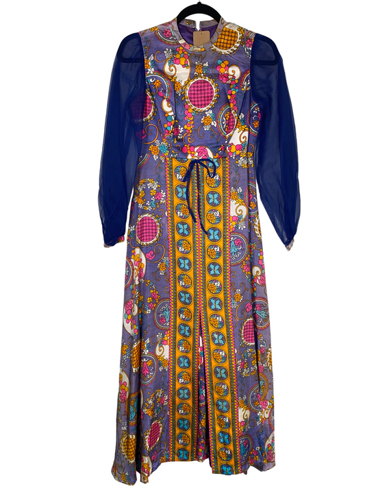 Online Exclusive 1960s Psychedelic Maxi Dress w Sheer Sleeves