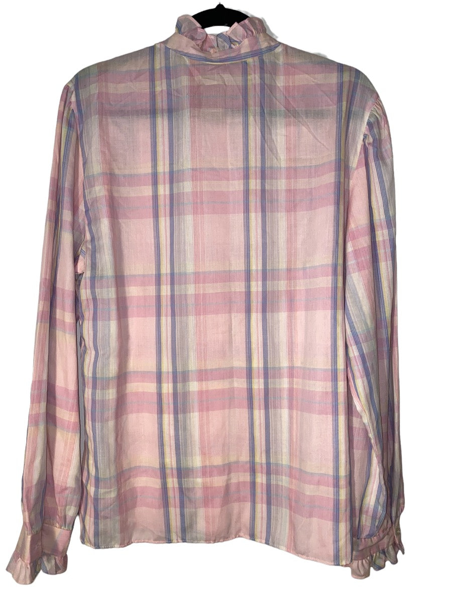 Pink Plaid Ruffle High Collar Button Up