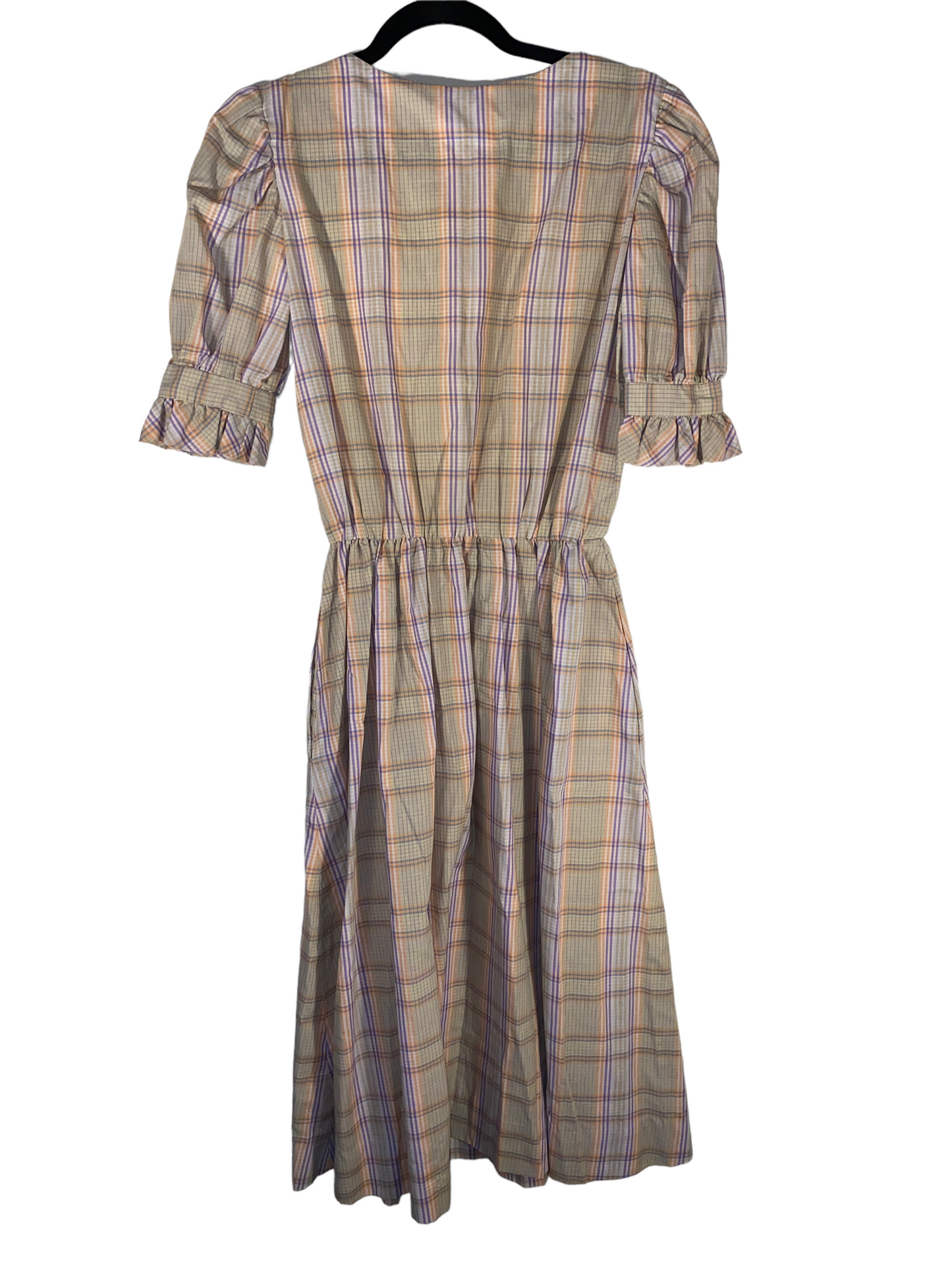 1970s Plaid Prairie Dress With Frill Trim