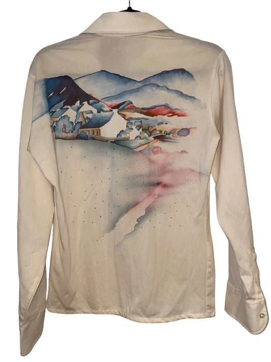 1970's Watercolor Cottage and Mountains Wide Lapel Shirt