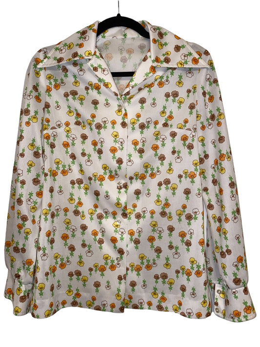 1970's Womens Wide Lapel Flower All Over Print Button Up
