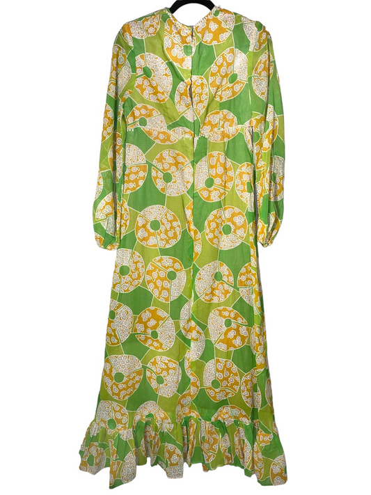 1960s Psychedelic Print Maxi Dress w Bell Sleeves