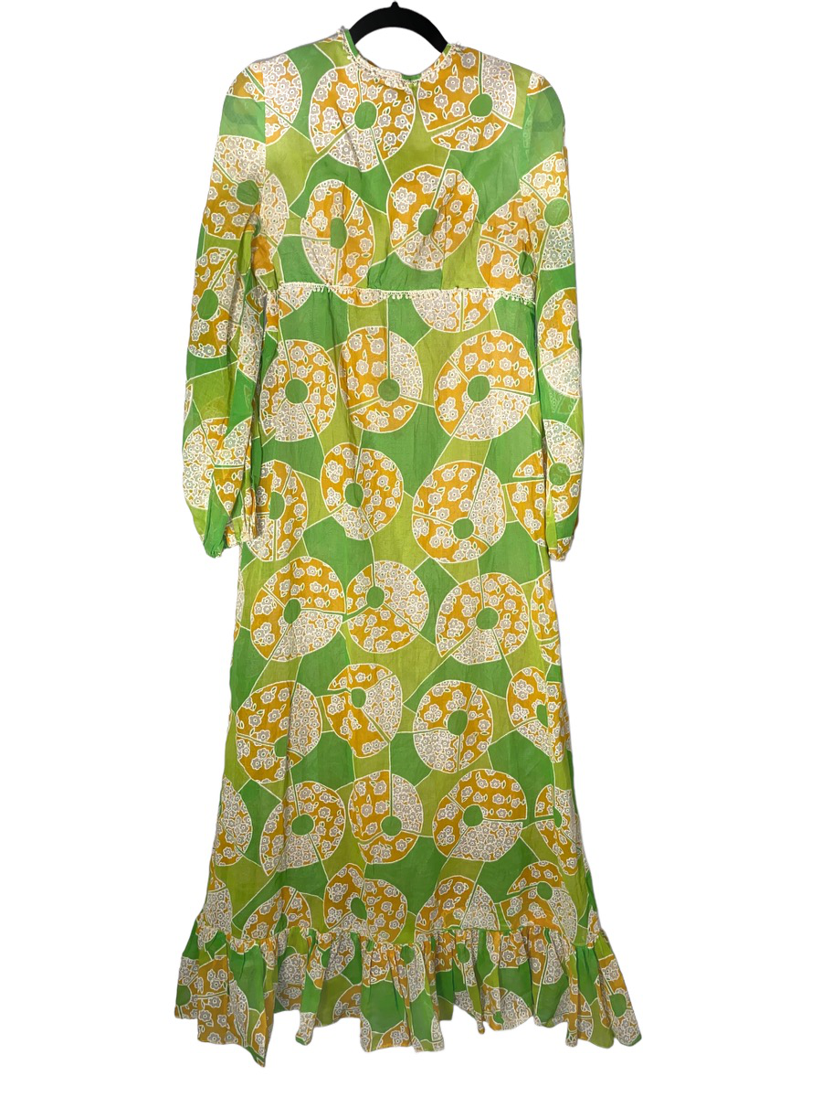 1960s Psychedelic Print Maxi Dress w Bell Sleeves